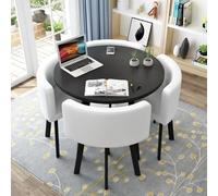 Modern Round Dining Table Set for 4 Space-Saving Design with Thick Top Includes 4 Upholstered Chairs 80cm Diameter White Polyurethane Finish Casual Dining Game Table.