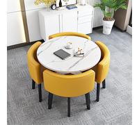 Modern Round Dining Table Set for 4 - Stylish Stone Yellow Leather Coffee Table & Chairs for Kitchen Dining Room Apartment - 80x80x75cm