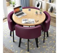 Modern Round Dining Table Set for 4 with Thick Top Space-Saving Design Includes 4 Upholstered Chairs 80cm Diameter Purple Polyurethane Finish - Casual Dining Solution.