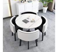 Modern Round Dining Table Set with 4 Grey Faux Leather Chairs Metal Legs 90 x 75 cm (White Finish) Stylish Dining Room Furniture for Home and Kitchen