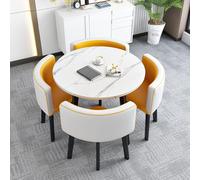 Modern Round Dining Table Set with 4 Grey Faux Leather Chairs Metal Legs 90 x 75 cm (White) Stylish Dining Room Furniture for Home & Kitchen