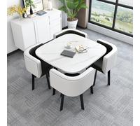Modern Round Dining Table Set with 4 Grey Faux Leather Chairs Metal Legs 90 x 75 cm White Stylish Dining Room Furniture for Home and Kitchen