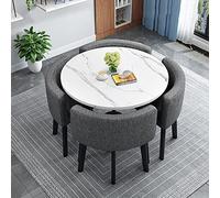 Modern Round Dining Table Set with 4 Stylish Fabric Chairs, Space-Saving Design for Kitchen, Home Office, Dining Room, and Reception Areas - Ideal for Small Spaces
