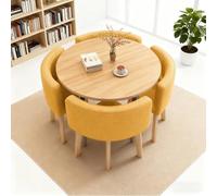 Modern Round Dining Table Set with 4 Upholstered Chairs Space-Saving Design Thick Top Casual Dining Room Furniture Stylish Yellow Coffee Table Set