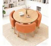 Modern Round Dining Table Set with 4 Upholstered Chairs - Space-Saving Design Thick Top Casual Dining Room Furniture Stylish Orange Color Ideal for Small Spaces