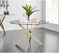 Modern Round Dining Table with Gold Metal Base and Clear Glass Top - Elegant Dining Table for 4/6 Chairs, Milan Style - Perfect for Home Decor (Table Only)