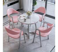 Modern Round Faux Marble Dining Table Set for 4 with Carbon Steel Legs Silver Plastic Edge Includes 4 Elegant Leather or Cotton Linen Chairs Perfect for Kitchen or Dining Room 490x90x75cm