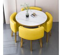 Modern Round Faux Marble Dining Table Set with 4 Upholstered Chairs 5-Piece Kitchen Furniture for Dining Room & Conference Reception Stylish Yellow Wooden Top
