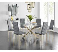 Modern Round Glass Dining Table Set with 4/6 Elegant Gold Milan Chairs - Stylish Metal Table & Elephant Grey Chairs for Contemporary Dining Room