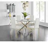 Modern Round Glass Dining Table Set with 4/6 Stylish Gold Milan Chairs - Elegant Metal Frame Furniture, Chic Dining Room Decor, Contemporary Home Aesthetics