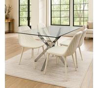 Modern Round Glass Dining Table Set with 4 Cream Leather Chairs
