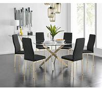 Modern Round Glass & Metal Dining Table Set with 4/6 Elegant Chairs - Milan Gold Furniture Box, Stylish Dining Room Ensemble for Contemporary Home Decor