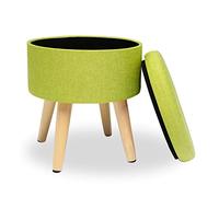 Modern Round Linen Pouf with Tray Beige Multifunctional Ottoman with Wooden Legs Upholstered Storage for Living Room Bathroom and Makeup Use Green Accent.