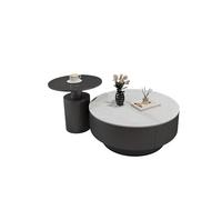 Modern Round Marble Coffee Table with Hidden Drawers, Stylish Stone Accent Table for Living Room, & Office (70cm Set, Black Finish)