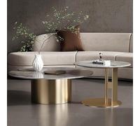 Modern Round Nesting Coffee Table with Marble Top,mid-Century Marble Coffee Table Set of 2,Luxury Center Table for Living Room,end Table Side Table with Gold Metal Base for Reception Room(Color:Gold)