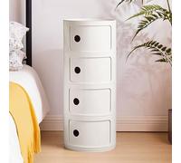 Modern Round Nightstand with Drawers 4-Tier Plastic Storage Cabinet Stylish Side Table for Living Room & Bedroom Space-Saving Fur for Small Spaces (White)