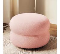 Modern Round Pouf Ottoman Upholstered Footrest Chic Pink Vanity Chair for Living Room Bedroom Makeup Room - Versatile Home Decor 32 x 22 cm Stylish Accent Piece.