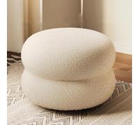 Modern Round Pouf Sherpa Upholstered Ottoman Stool Versatile Footrest for Living Room Bedroom or Makeup Area Stylish White Accent 32 x 22 cm