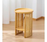 Modern Round Rattan Coffee Table 2-Tier Bamboo Accent Side Table Small Nightstand for Living Room Balcony Chic Home Decor Versatile Furniture Piece