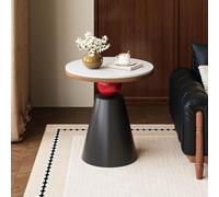 Modern Round Side Table - Mini Accent Table with Sintered Stone & Wood Top Stylish Tapered Iron Base Ideal for Living Room & Bedroom Decor - 17.7x19.7in