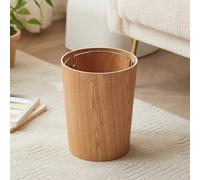 Modern Round Trash Can with Clip for Bags, Solid Wood 8L/2.1Gal Open Waste Basket, Rustic Farmhouse Style for Living Room, Office, and Bathroom (A)