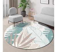 Modern Round Tropical Leaf Area Rug 150 cm，Teal And Beige Palm Leaf Pattern Carpet for Living Room Bedroom, Soft Flannel Round Rug for Kids Room Nursery Decor, Non-Slip Backing, Easy To Clean