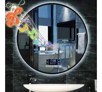 Modern Round Vanity Mirror with Bluetooth Speaker and LED Lights Dimmable Three Color Options Anti Fog Smart Touch Control Makeup Mirror for Bathroom 60cm x 60cm Black