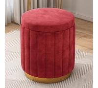 Modern Round Velvet Storage Ottoman - Upholstered Foot Rest with Removable Lid, Stylish Metal Base Stool for Living Room, Bedroom, Entryway, Dorm - Red (17"x13.4")