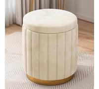 Modern Round Velvet Storage Ottoman - Upholstered Footrest & Vanity Stool with Removable Lid Gold Metal Base Stylish Entryway & Living Room Furniture Off White Color