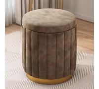 Modern Round Velvet Storage Ottoman - Upholstered Vanity Stool & Foot Rest for Entryway Removable Lid with Gold Base - Chic Brown Accent Furniture for Living Room