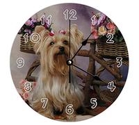 Modern Round Wall Clock - Adorable Bicycle Yorkshire Terrier Leaves Natural theme Silent Non Ticking Wall Clocks for Kitchen, Office, Retro Hanging Clock, 10 Inches