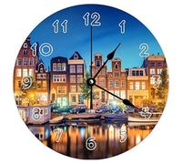 Modern Round Wall Clock - Amsterdam Houses Netherlands Beautiful Natural theme Silent Non Ticking Wall Clocks for Kitchen, Office, Retro Hanging Clock, 14 Inches
