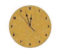 Modern Round Wall Clock Damask Mustard Yellow Silent Non Ticking Wall Clocks for Kitchen, Office, Retro Hanging Clock, 14 Inches