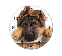 Modern Round Wall Clock German Shepherd Puppy Dog Basket Animals Silent Non Ticking Wall Clocks for Kitchen, Office, Retro Hanging Clock, 14 Inches