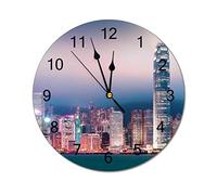 Modern Round Wall Clock Hong Kong Great Modern City Architecture Silent Non Ticking Wall Clocks for Kitchen, Office, Retro Hanging Clock, 10 Inches