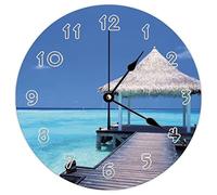 Modern Round Wall Clock - Hut in The Sea Sky Bridge Nature Beaches Natural theme Silent Non Ticking Wall Clocks for Kitchen, Office, Retro Hanging Clock, 14 Inches