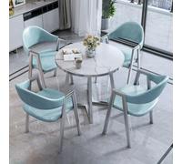 Modern Round White Faux Marble Dining Table Set for 4 - Stylish Kitchen Table with Carbon Steel Legs & Silver Plastic Edge Includes 4 Elegant Leather/Cotton Linen Chairs - 190x90x75cm