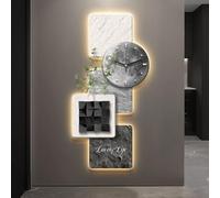 Modern Sandstone Wall Clock with LED Backlight & Faux Greenery, 3D Layered Mural Art Decor for Living Room, Hallway, Office & Entryway - Home Accent
