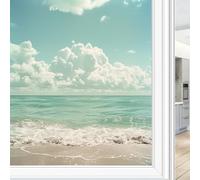 Modern Sea View Stained Glass Window Film, Natural Beautiful Beach Retro Decorative Frosted Glass Privacy Film, Heat Control Static Cling Window Sticker 80x140 cm