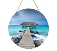 Modern Seascape Picture Round Wood Panel Painting 12 Inch Hanging Plaque Rustic Farmhouse Wall Art Home Decor with Rope