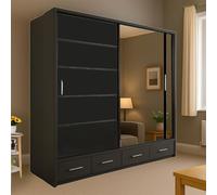 Modern Seattle Sliding Mirror Wardrobe with LED Light High Gloss Doors Ders Shelves & Hanging Rails Slish Bedroom Fur in Grey Black & White 207cm 255cm (Black 208cm)