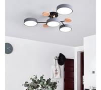 Modern Semi Flush Mount Ceiling Light Circular Acrylic 4 Heads LED Ceiling Lamp Nordic Grey Sputnik Light Fixture with Wood Decoration for Living Room Dining Room Bedroom