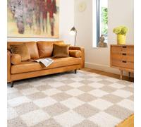 Modern Shaggy Rug Beige Cream Abstract Checker Design Soft Pile Mid Century Minimalist Retro Style Cozy Neutral Area Rug for Living Room Bedroom 160cm x 230cm (5ft 3" x 7ft 7")