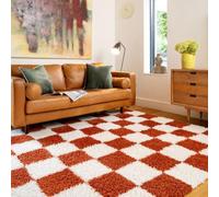 Modern Shaggy Rust Beige Terracotta Cream Retro Checker Design Soft Pile Mid Century Boho Funky Eclectic Style Cozy Warm Area Rug for Living Room Bedroom Rug 120cm x 170cm (3ft 11" x 5ft 7")