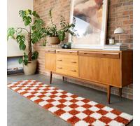 Modern Shaggy Rust Beige Terracotta Cream Retro Checker Design Soft Pile Mid Century Boho Funky Eclectic Style Cozy Warm Area Rug for Living Room Bedroom Rug 60cm x 240cm (1ft 12" x 7ft 10")