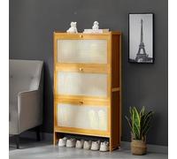 Modern Shoe Cabinet with Adjustable Dividers Narrow for Hallway Holds 16 24 Pairs 2 6 Flip Doors Natural Finish 3 Drawers (50cm 5.9in)
