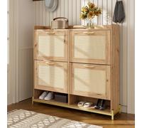 Modern Shoe Cabinet with Space-Saving 4-Door Design, Sturdy Storage Cabinet with Metal Frame and Top Shelf, 108.5L x 24W x 100H cm, Natural Aosom UK