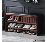 Modern Shoe Storage Bench Upholstered Wooden Entryway with Leather Cushion Stylish Hallway Shoe Cabinet Brown & Black 47"x12"x18"