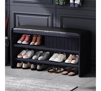 Modern Shoe Storage Bench with Leather Cushion Upholstered Entryway Wooden Hallway Shoe Cabinet Stylish Dark Blue & Black Furniture 31x12x18 inch (80x30x45cm)