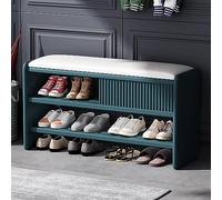 Modern Shoe Storage Bench with Leather Cushion Wooden Entryway Furniture Upholstered Hallway Shoe Cabinet Blue White Seat 39x12x18 inches 100x30x45 cm.